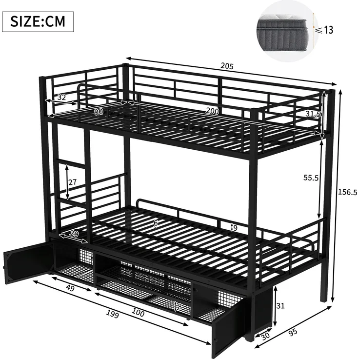 EINHOM Eisenrahmenbett, Etagenbett, Offener Schuhschrank, Doppeltüriger Kleiner Lagerschrank, Geeignet für Kinder und Jugendliche, mit Seitenleiter, mit Fallschutzgitter, Eisen, Schwarz, 90 x 200 cm (Ohne Matratze) – Bild 2