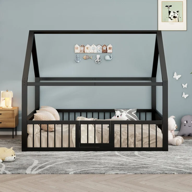 Hausbett mit Lattenrost, Zaun, Tür und Rausfallschutz, 140x200 cm, Metallbett, Kinderbett, Doppelbett, Jugendbett – Bild 2