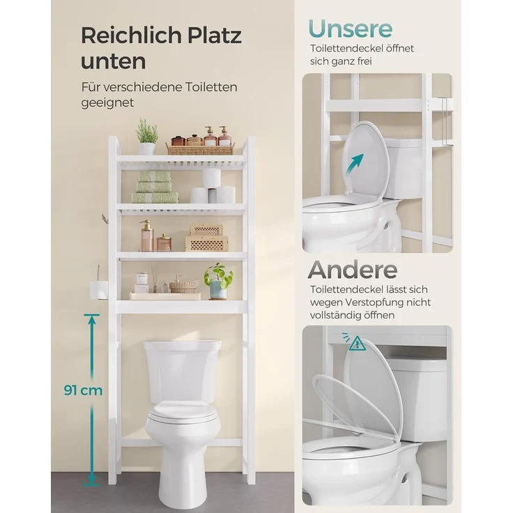 Songmics 4-stöckiges Toilettenregal, verstellbare Ablagen, Bambus wolkenweiß, 185 x 26 x 63 cm – Bild 7