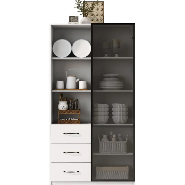 LED-Vitrine 80 x 40 x 160 cm - Bücherschrank mit Tür aus gehärtetem Glas und LED-Beleuchtung, 3 Schubladen und 3 offene Fächer, Aluminiumrahmen, mehrfarbige LEDs, Soft-Close-Scharniere, Küchenschränke--Weiß--91.01x46.99x19.99cm--YOUDENOVA – Bild 6