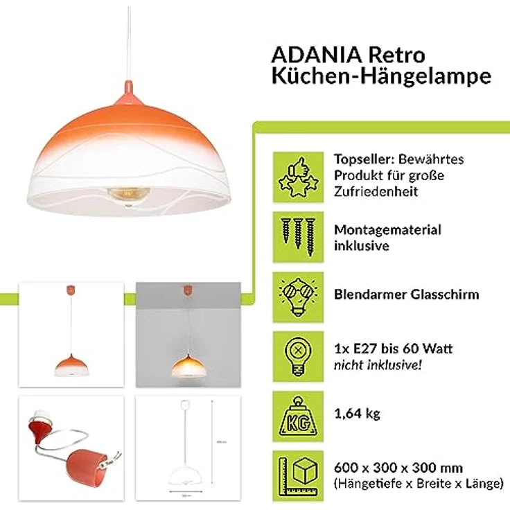 Licht-Erlebnisse ADANIA Hängelampe Glas Metall orange weiß, blendarm, rund, E27, Retro Design, Ø 30 cm für Wohnzimmer und Küche – Bild 2