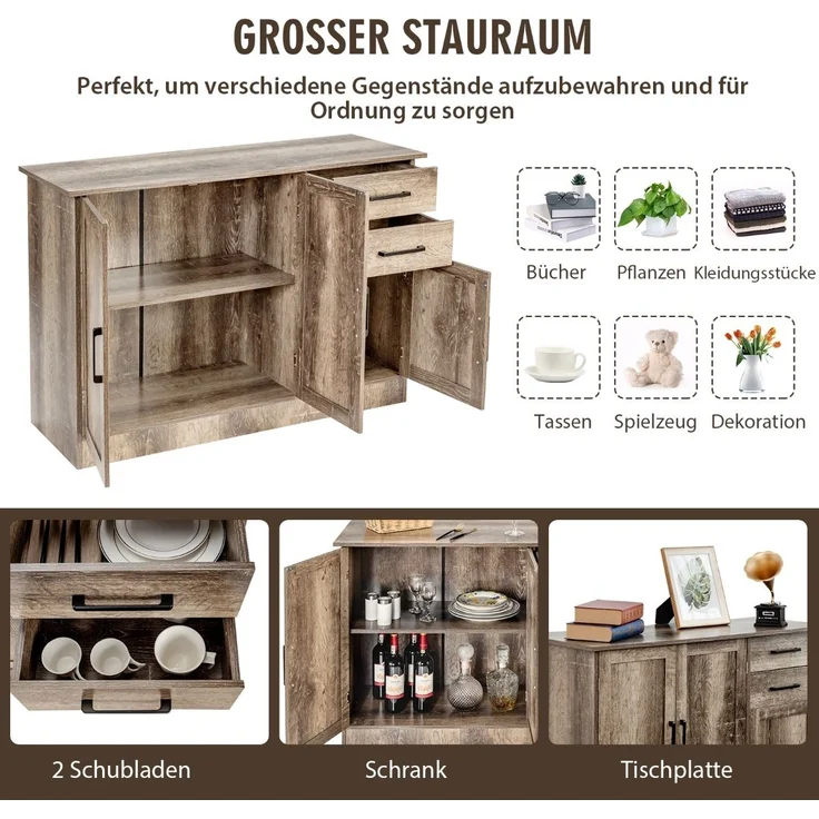 Freistehender Buffetschrank mit 2 Schubladen 3 Türen und 1 verstellbarem Regal Grau – Bild 4