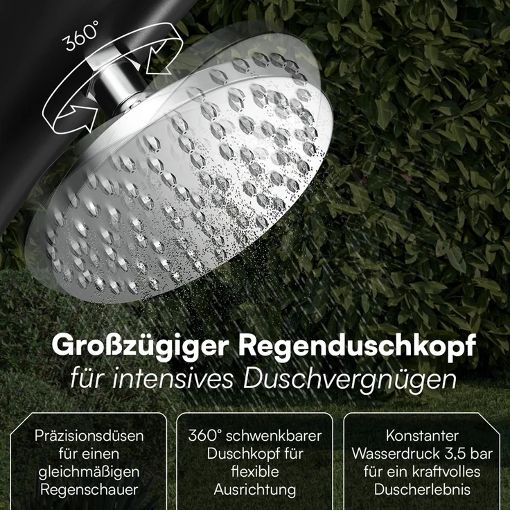 STEELSØN 'Selara' Solardusche 20 Liter, schwarz, warmes Wasser bis 60°C, Gartendusche mit schwankendem Regenduschkopf und Wasserhahn, Outdoor Dusche inkl. Schutzhaube und Kunststoffboden – Bild 4