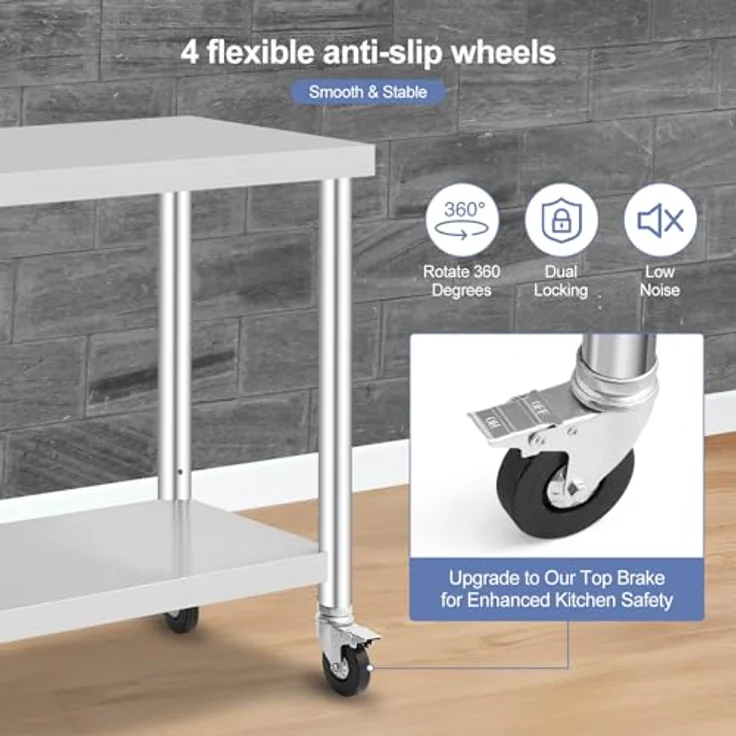 GarveeHome Arbeitstisch aus Edelstahl für Lebensmittelzubereitung, höhenverstellbar mit 3 Stufen, 4 Lenkrollen (2 gebremst), Maße 76x46 cm, ideal für gewerbliche Küchen, Restaurants & Catering – Bild 6