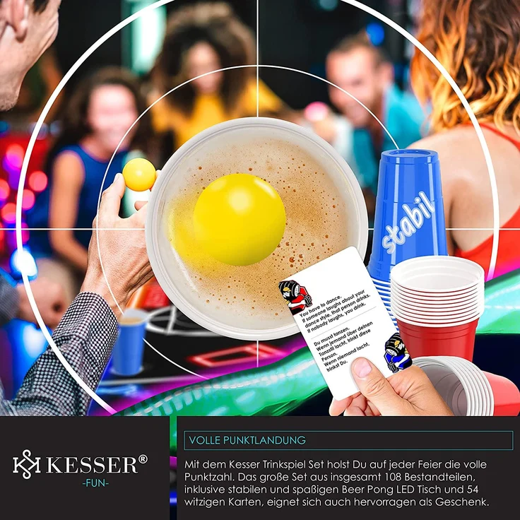 KESSER® Beer Pong Tisch Set mit LED, Kartenspiel, 100 Becher & 6 Bälle, höhenverstellbar / klappbar, Aluminium schwarz, 61 x 244 x 76 cm – Bild 4