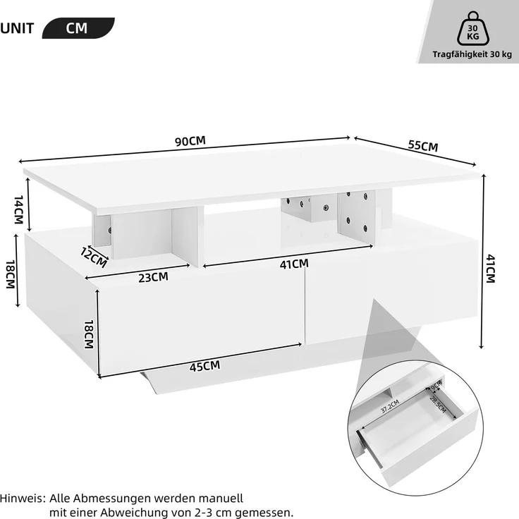 Couchtisch 90×55×41 cm Hochglanz Weiß mit LED-Beleuchtung, moderner Wohnzimmertisch mit 2 Schubladen, offenem Fach – Bild 9