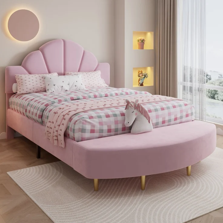 Merax Polsterbett, 140x200cm Doppelbett Samtkopfteil, Mit einer Bettbank in gleicher Farbe, Weiche Antikollisions-Schwammkante, Stabiler Bettrahmen, Rosa – Bild 3