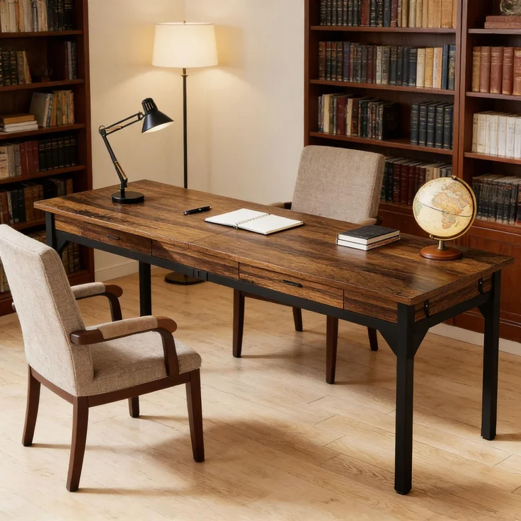 Langer Chefschreibtisch,Zwei-Personen-Computertisch,Arbeitstisch (nur Tisch)--Schwarz, Rustikales Braun--200x60x82cm--YOUDENOVA – Bild 1