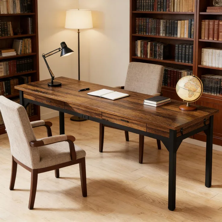 Langer Chefschreibtisch,Zwei-Personen-Computertisch,Arbeitstisch (nur Tisch)--Schwarz, Rustikales Braun--200x60x82cm--YOUDENOVA