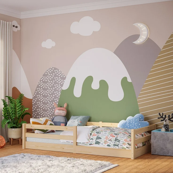 Bellabino 'Iskri' Bodenbett 90x200 cm, natur, Massivholz Kiefer, Montessori Kinderbett mit Rausfallschutz und Lattenrost – Bild 1