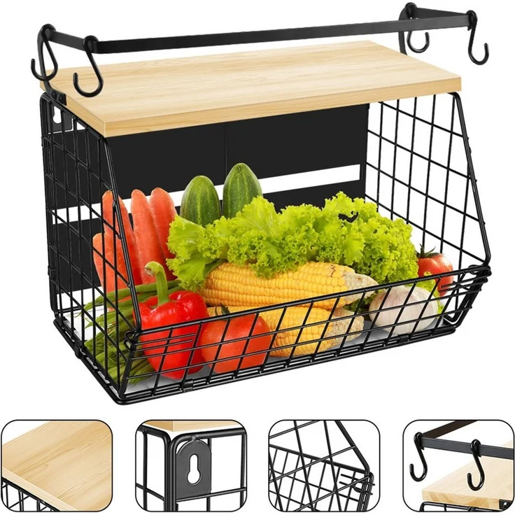 JEOBEST Obstschale Magnetische Obstkorb Hängend, Küchenorganisator, Küchenregal Ohne Bohren, mit Holzdeckel and 4 Bananen Aufhänger Haken – Bild 2