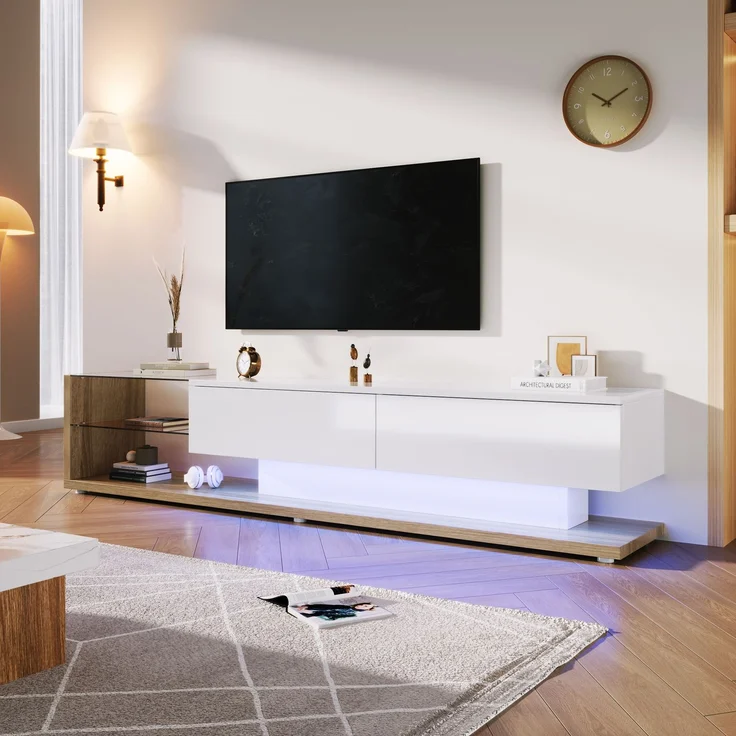 TV-Schrank 170 cm Weiß Hochglanz mit LED-Beleuchtung, 2 Schubladen, 2 Glasregale – Bild 1