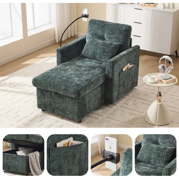 Loungesofa mit integriertem Handyhalter, großem Stauraum & Seitentaschen, Chenille Stoff-Sessel mit gepolsterten Kissen,Smaragd – Bild 6