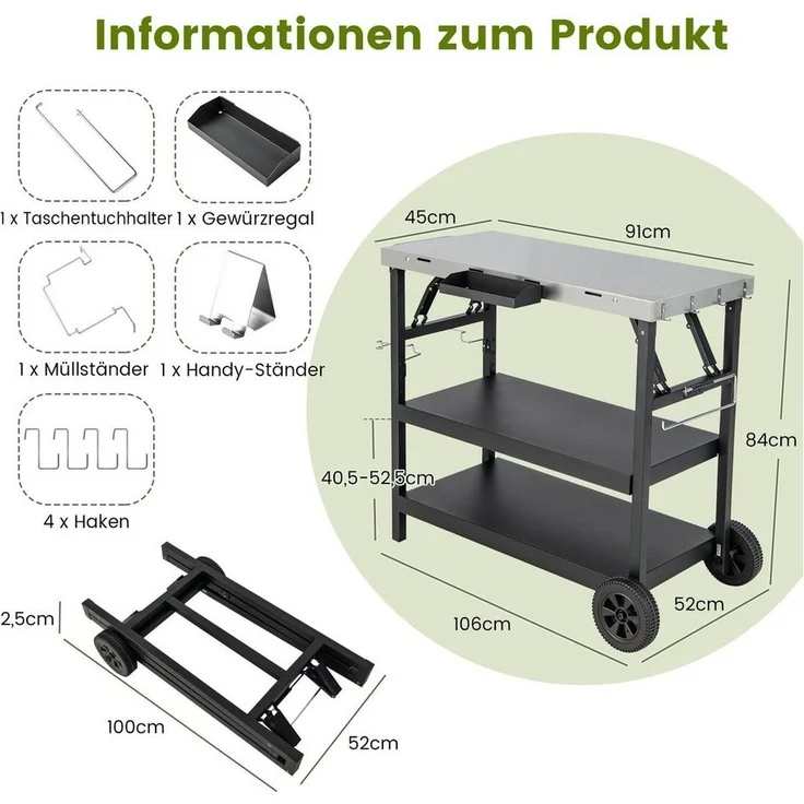 COSTWAY Grillwagen 3 Ablagen – Bild 3