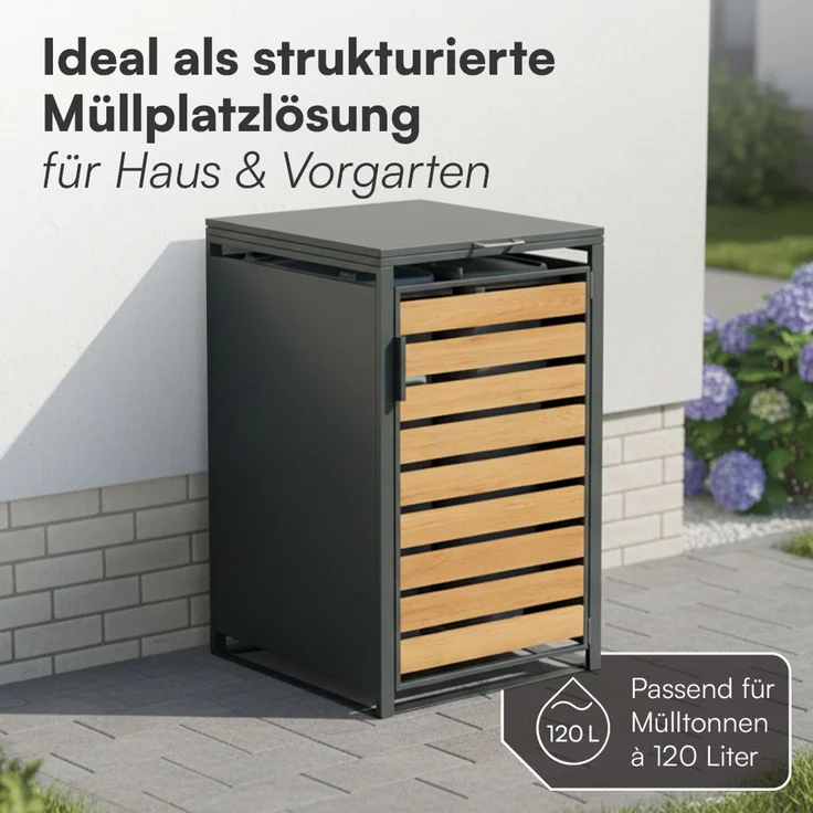 STEELSØN 'Kestra' Mülltonnenbox 1er 120 Liter, anthrazit mit Holzoptik, Mülltonnenverkleidung aus Stahl, wetterfest, 102x62x60,5 cm, Müllbox für 1 Tonne – Bild 3