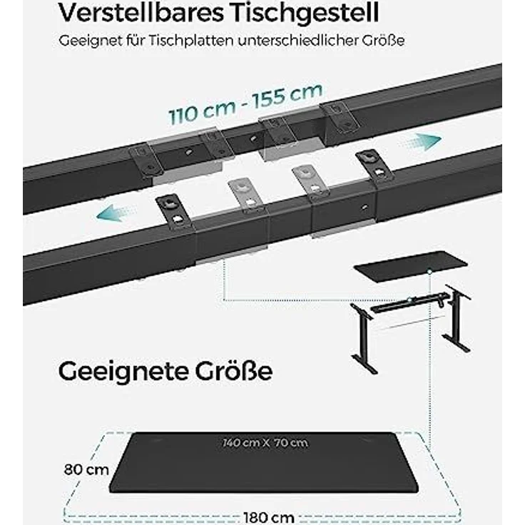 Songmics Höhenverstellbarer Schreibtisch elektrisch, Tischgestell, Schreibtischständer mit Motor, stufenlos verstellbar, 140x70 x (73-114) cm, Stahl, schwarz LSD012B02 – Bild 7