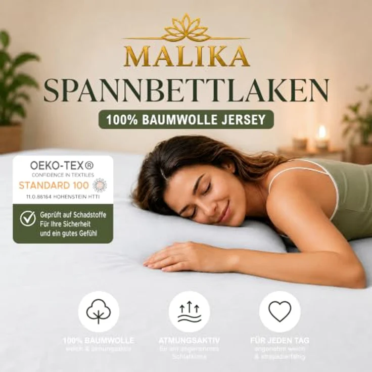 MALIKA® Spannbettlaken 180x200 - 200x200 cm, Baumwolle Jersey, passend für Matratzenhöhe bis 28 cm, Oeko-Tex zertifiziert – Bild 2