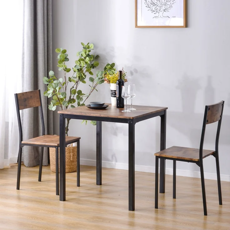 Sitzgruppe Essgruppe Esszimmergruppe L70 cm x B70 cm x H75 cm Esstisch mit 2 Stühlen Balkon Esszimmer Wohnzimmer Vintagebraun MDF PVC Metallrahmen – Bild 2