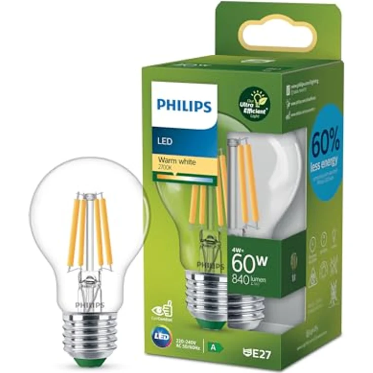Philips Filament-Lampe E27, 840 lm Warmweiß (2700K), 4 W entspricht 60 W, transparent – Bild 1