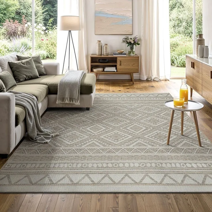 the carpet Calgary - robuster Teppich, Flachgewebe, modernes Design, ideal für Küche und Esszimmer, Vintage-Optik, Boho-Style, besonders flach, auch für den Außenbereich, Beige, 67x180 cm