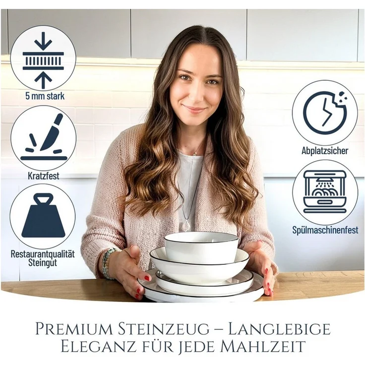 PURE LIVING INTERIOR DESIGN Geschirr-Set Scandi aus Porzellan, 24-tlg, für 6 Personen, Weiß - Schwarzer Rand (24-tlg), 6 Personen, Porzellan – Bild 4