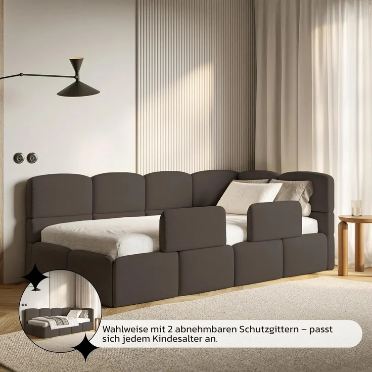 Selsey 'Cloudy' Kinderbett 120 cm, Bettkasten, 2x Rausfallschutz, Chenille, rechts, Braun – Bild 7