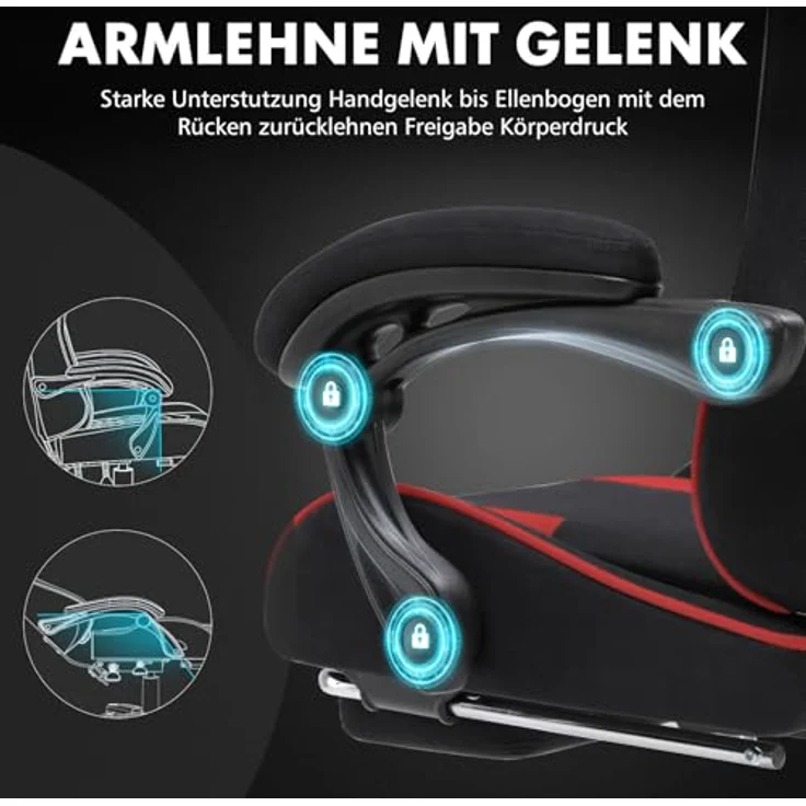 GTPLAYER Gaming Stuhl, Bürostuhl, Ergonomischer Pc Stuhl, Gaming Sessel mit Massagelendenwirbelstütze, Task Stühle mit Fußstütze und Kopfstütze, Rot Stoff – Bild 6
