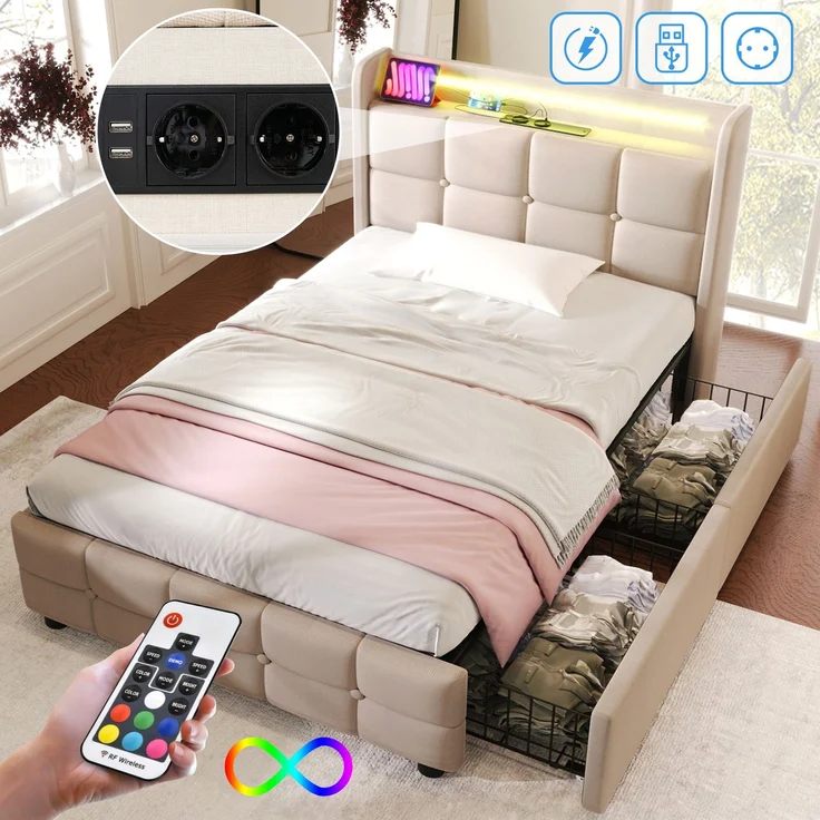 Einzelbett 90 × 200 cm mit Steckdosen,USB-Anschlüssen und LED-Beleuchtung,2 Schubladen,Leinenbezug in Beige,inklusive Matratze – Bild 2