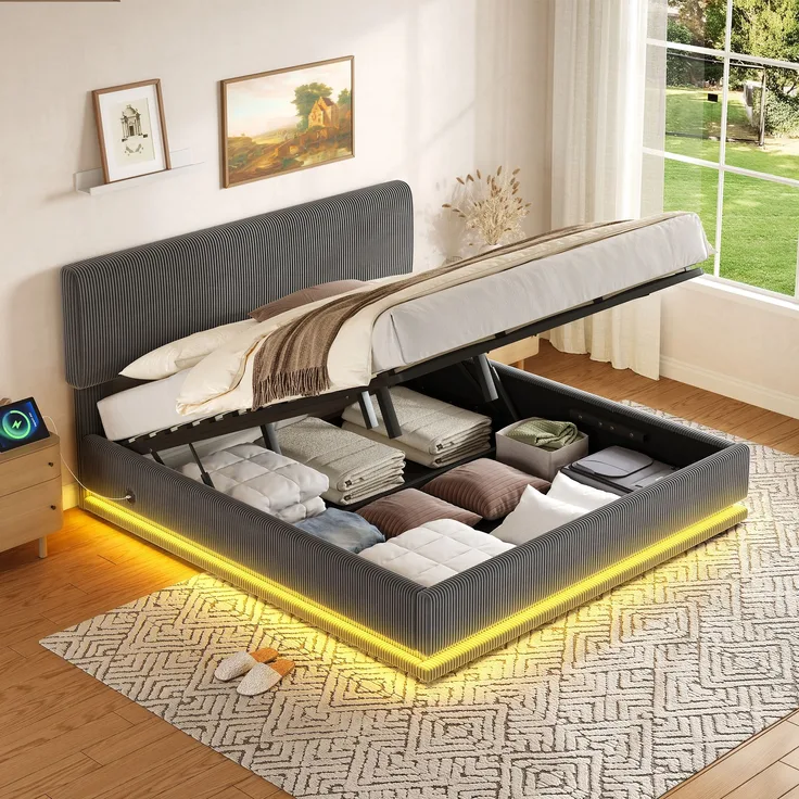 Polsterbett, Cord mit LED & USB-Anschluss, Stauraum & Lattenrost, 180x200 cm, Dunkelgrau, ohne Matratze