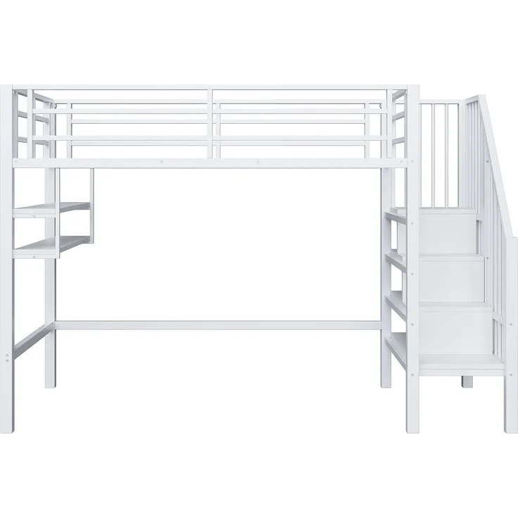 Kinder Hochbett 90x200 cm Metall mit Regalen Stauraum Leiter und Spielbereich unter dem Bett Weiss – Bild 8