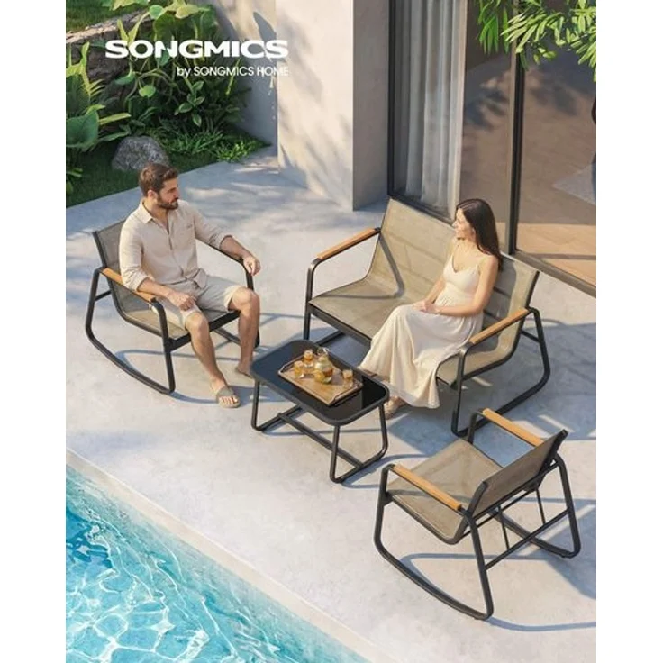 SONGMICS Gartenmöbel-Set, Balkonmöbel, 2 Schaukelstühle mit Tisch, Bank, Stahl, mit Armlehnen, atmungsaktiv, braun – Bild 1