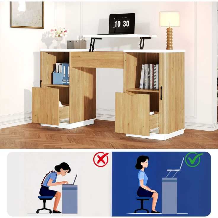 ZUBALIYA Höhenverstellbarer Schreibtisch, 140 × 50 cm, mit großzügigem Stauraum, ausgestattet mit 2 Schubladen und 2 offenen Fächern, Computertisch, Schminktisch, weiß/Eichenoptik, mit Streifenmuster – Bild 7