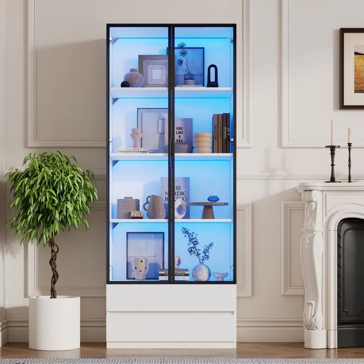 N625P332011012W)80*34*200cm Vitrine, Hochschrank mit LED-Leuchten, Wohnzimmer-Beistellschrank mit 2 Türen,Vitrinenschränke mit 2 Schubladen,Aufbewahrungsregale, Bücherregal, Display Regal,Weiß--Weiß--80x34x200cm--YOUDENOVA – Bild 5