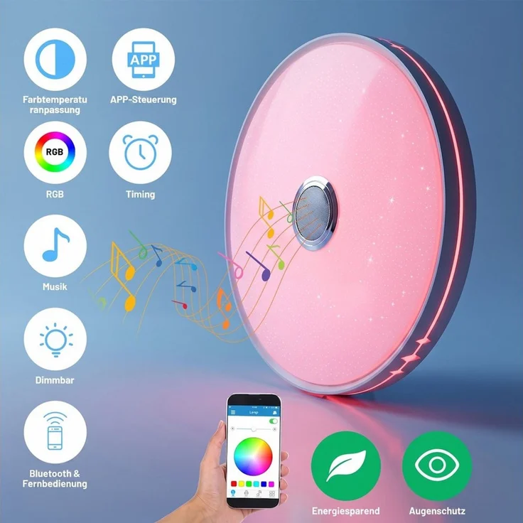 LETGOSPT Deckenleuchte LED Deckenlampe, mit Bluetooth Lautsprecher, RGB, Fernbedienung, APP, LED fest integriert, RGB, Tageslichtweiß, LED Deckenleuchte,Ø 30cm,für Badezimmer Schlafzimmer Wohnzimmer – Bild 2