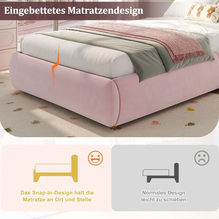 Polsterbett Einzelbett Kinderbett, hydraulisches Funktionsbett mit Lattenrost Kopfteil großem Stauraum, Samt, Rosa, 90 x 200 cm – Bild 3