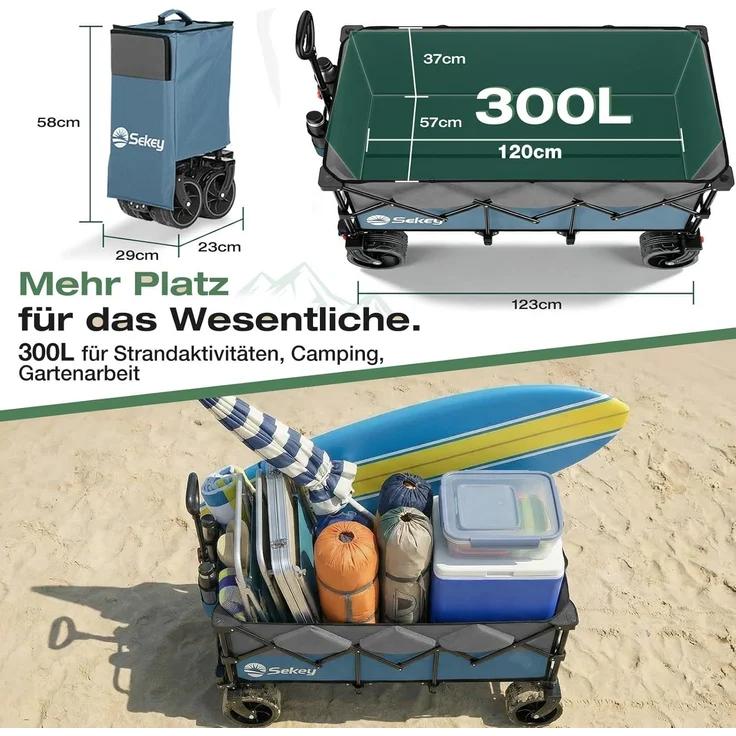 Sekey XXXL Verlängerter Bollerwagen Faltbar Handwagen mit Extra Breite 17x10 cm All-Terrain-Räder, 300L 200KG Belastbar, Blau – Bild 6
