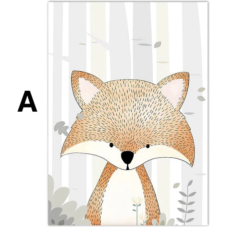 Poster Kinderzimmer Dinosaurier und Tiere Bilder Fuchs Reh T-Rex und Triceratops als Deko Print ohne Rahmen - A / 30x40cm