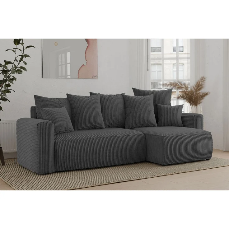 MEBLINI Schlafcouch mit Bettkasten - 238x142x73cm - Dunkelgrau Cordstoff - DAVE - Kleines Ecksofa mit Schlaffunktion - Sofa mit Relaxfunktion und Kissen - Kleine Couch L-Form - Eckcouch – Bild 2