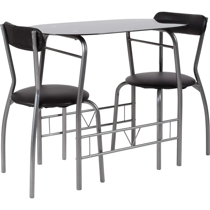 Flash Furniture Glas-Esstisch und Stühle, Metall, schwarz, 3-teiliges Set