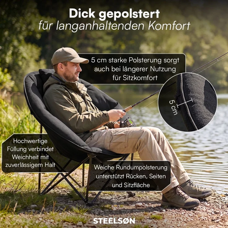 STEELSØN 'Hoggar' Moonchair faltbar, gepolsterter Campingstuhl schwarz, bis 150 kg, mit Kopfkissen und Tragetasche – Bild 3