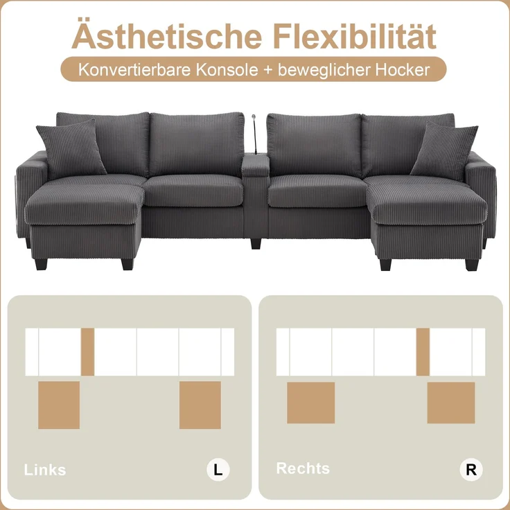 U-förmiges Sofa 334x128,5x81 cm in Grau, Cord, mit USB/Type-C, Leselampe, Stauraum und LED-Armlehnen – Bild 8