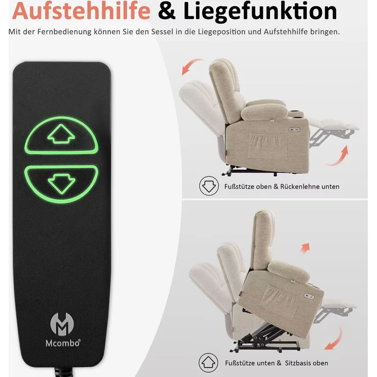 M MCombo Fernsehsessel mit Aufstehhilfe Elektrisch, 7102 (Stoff, Beige) – Bild 4