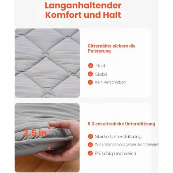 VEVOR japanische Futon-Matratze (2032 x 1524 x 63,5 mm), Faltbare Tatami (Queen Size), Bodenmatratze mit Aufbewahrungstasche & Befestigungsmaterial, 9-lagige Schlafmatte für Meditation Yoga, Grau – Bild 5