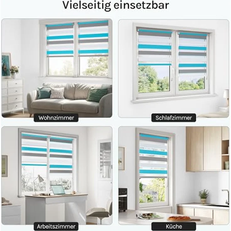 WOLTU Doppelrollo Klemmfix ohne Bohren 80x150 cm, Weiß+Grau+Türkis | Duo Rollos für innen Fenster & Tür, Zebrarollo Lichtdurchlässig Fensterrollo Seitenzugrollo Verdunkelnd, Stoffbreite 77 cm – Bild 8