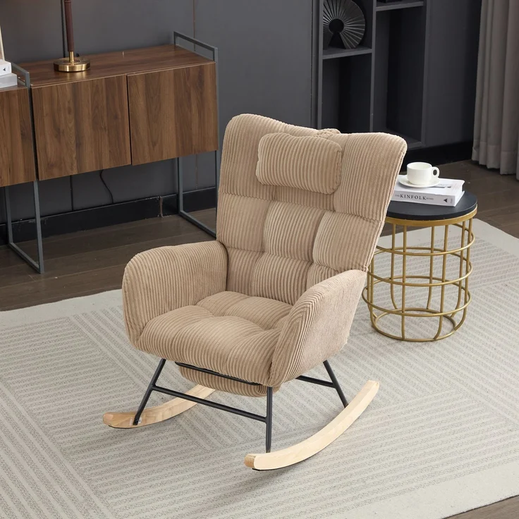 Schaukelstuhl aus Cordstoff in Braun mit hoher Rückenlehne, Beinstütze, Seitentasche, Relax Sessel für Wohnzimmer & Babyzimmer – Bild 3
