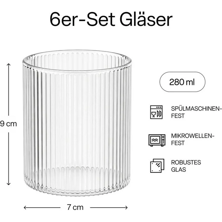 MiaMio Gläser-Set Senita, 280 ml, Riffeloptik, 6-tlg, Borosilikatglas, Spülmaschinengeeignet – Bild 3