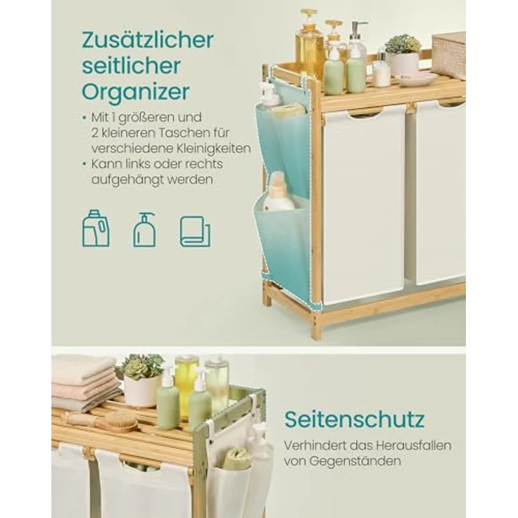SONGMICS Wäschekorb 4 Fächer, Bambus, Wäschesammler 200 L, Wäschesortierer, mit Ablage, Wäschesack, kleine seitliche Taschen, Wäscheregal, 4 x 50 L, 124,6 x 33 x 78 cm, cremeweiß RLHDE120W01 – Bild 4