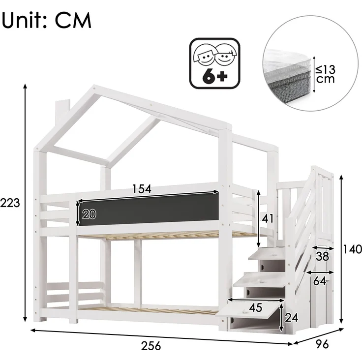 Kinder Hochbett Baumhaus mit Schubladen und Wandtafel, Weiß 90×200 cm, Etagenbett mit Treppe, Massivholz – Bild 9