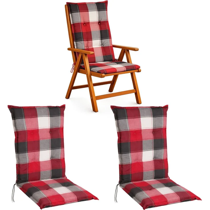 BURI 2x Hochlehner Auflage 120x50x5,5 cm - wetterfeste Gartenstuhlauflage mit Schaumkern & Vollvlies, Halteband & Bindebänder, bequemes Stuhlpolster für Balkon, Terrasse & Garten (Rot/Grau Kariert) – Bild 1