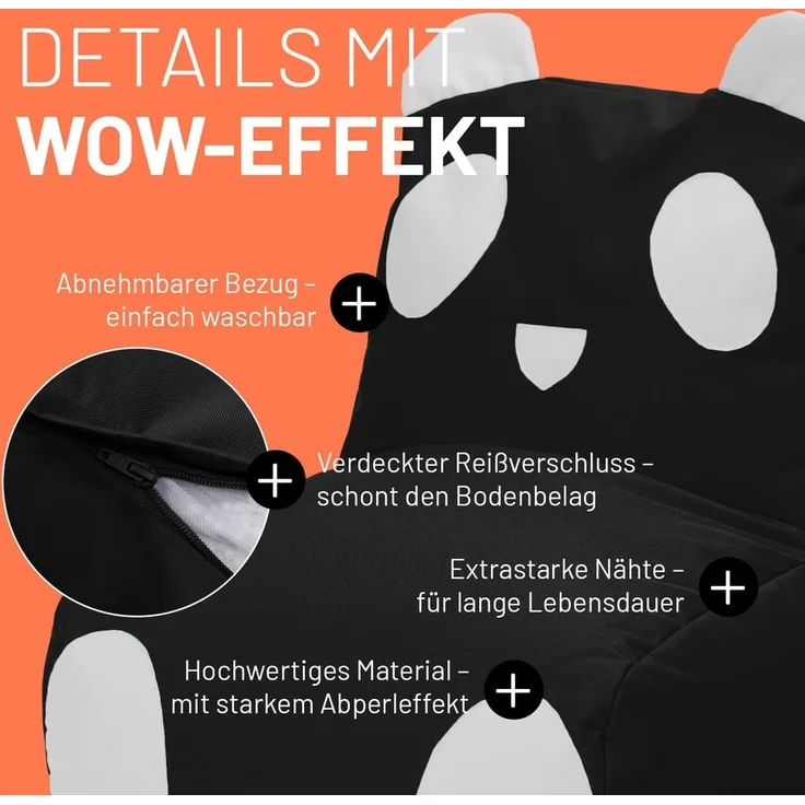 LUMALAND 'Animal Line Panda' Kindersitzsack, indoor & outdoor, Polyester schwarz / weiß, 180 l – Bild 6